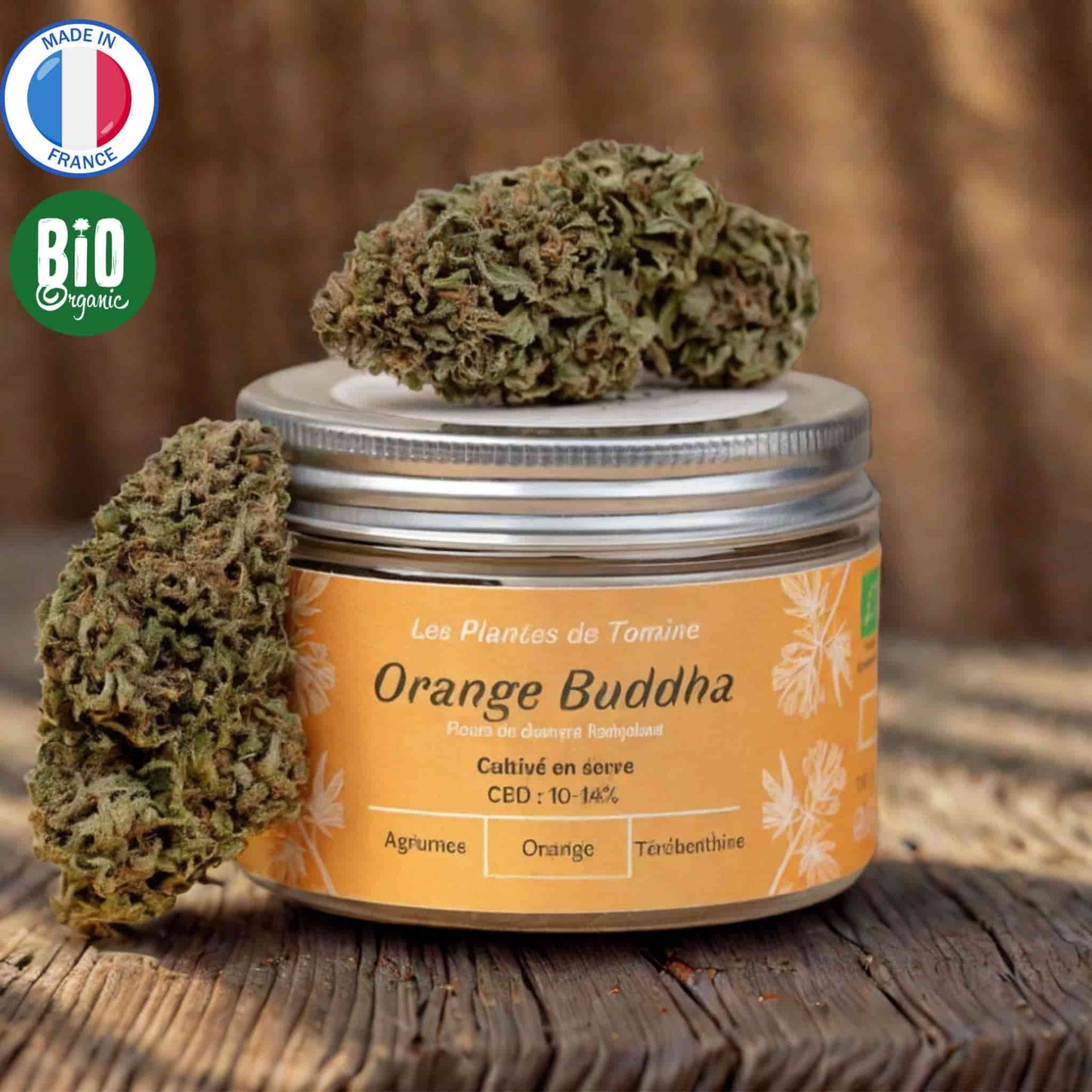Fleurs CBD Bio Orange Buddha, 10-14 % CBD, arômes agrumes, France.