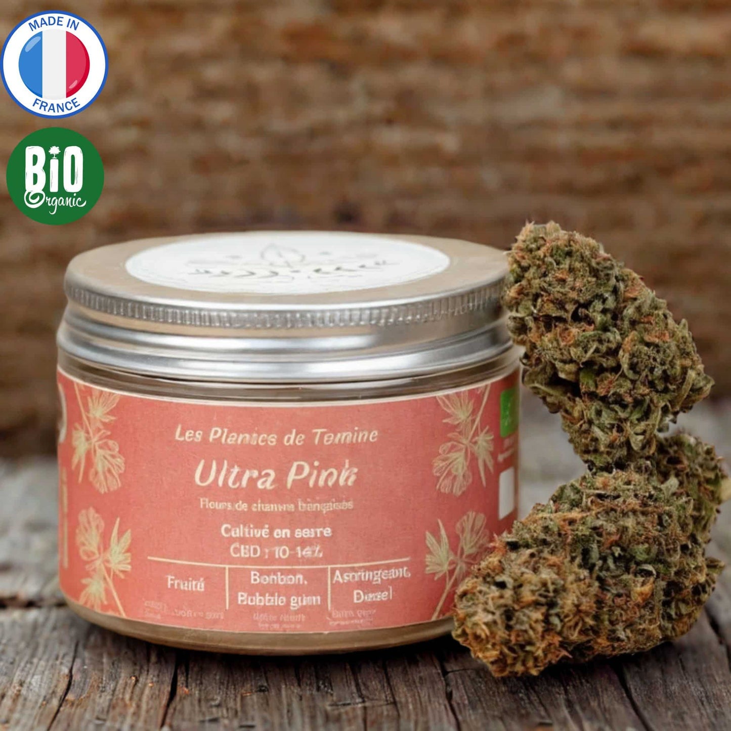 Fleurs CBD Bio Ultra Pink, 10-14 % CBD, arômes fruités, France.