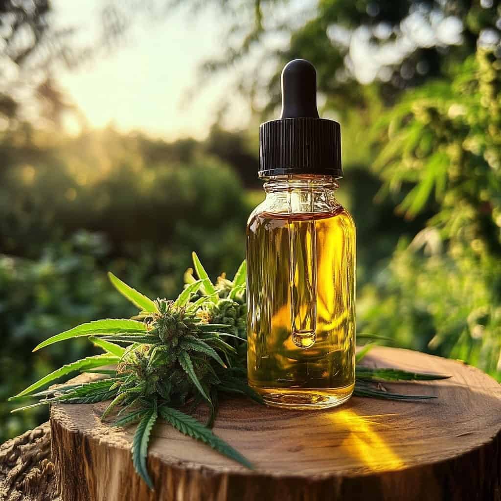 Huile CBD bio et champ de chanvre français.