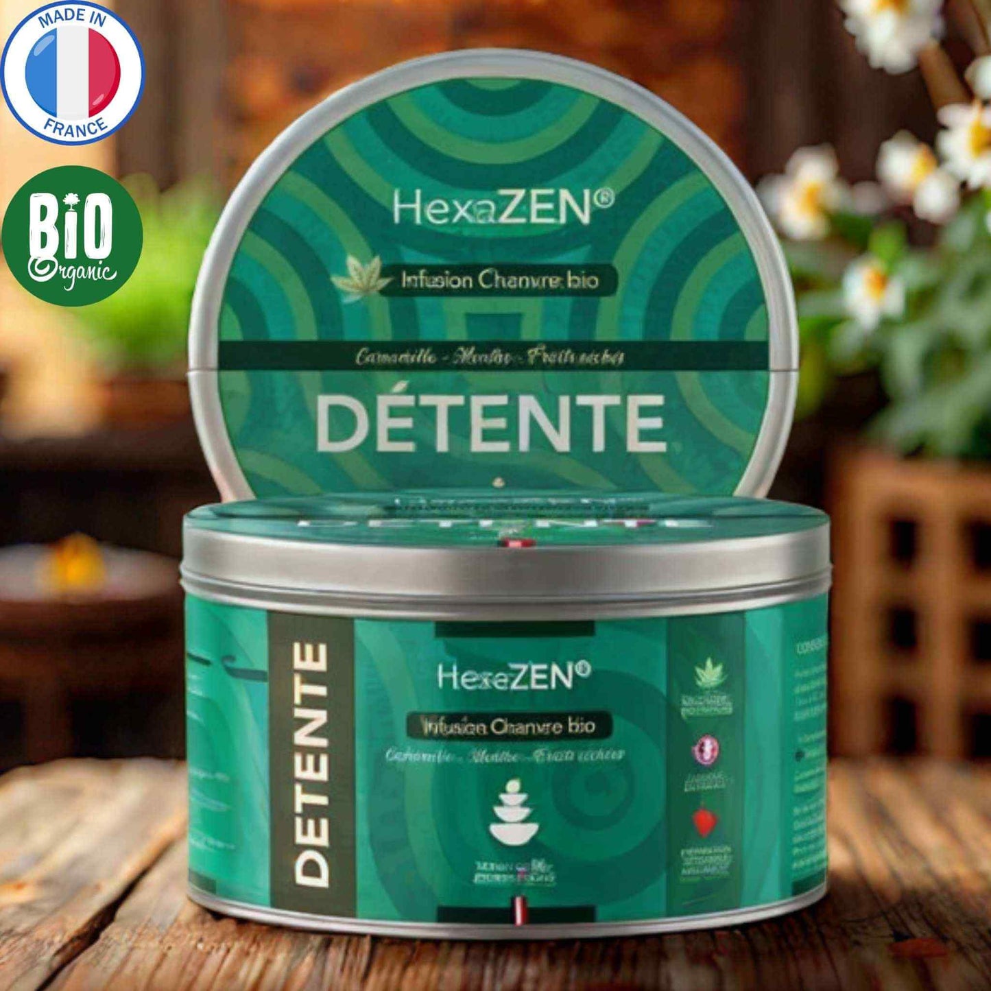 Tisane CBD Détente, chanvre bio, camomille, menthe, fruits séchés, France.