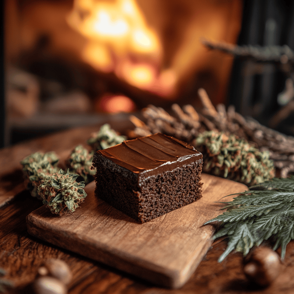 Space cake chocolat avec des fleurs de cannabis