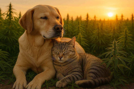Chien et chat détendus dans un champ de chanvre au coucher du soleil, illustrant les bienfaits du CBD pour animaux.
