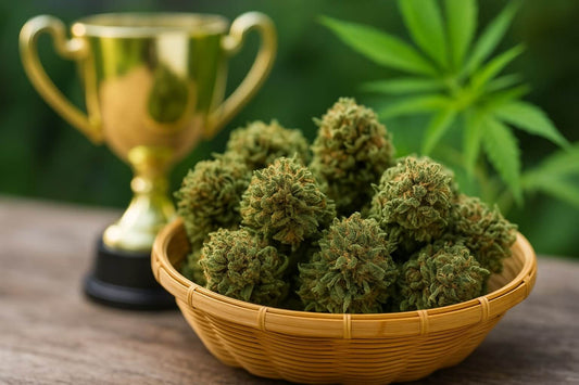 Panier de fleurs CBD fraîches avec trophée doré de la CBD Cup 2025
