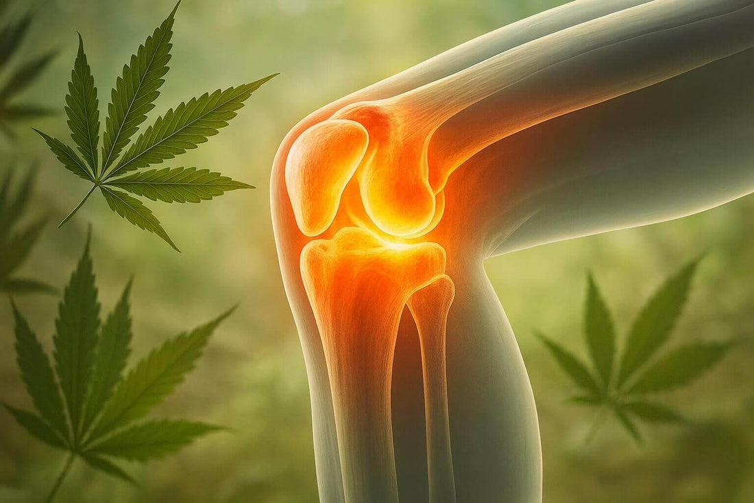 Illustration 3D d'une articulation enflammée entourée de feuilles de cannabis, symbolisant le soulagement de la douleur arthrosique grâce au CBD