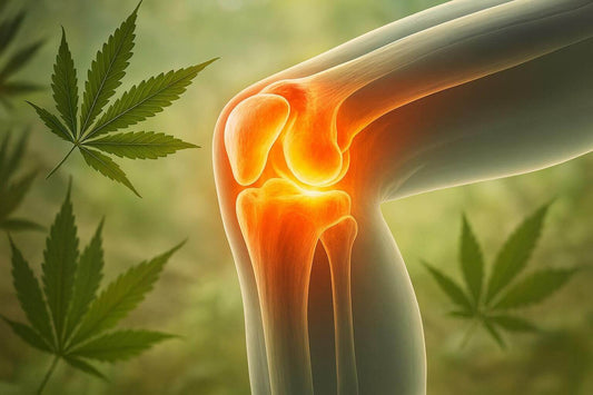 Illustration 3D d'une articulation enflammée entourée de feuilles de cannabis, symbolisant le soulagement de la douleur arthrosique grâce au CBD