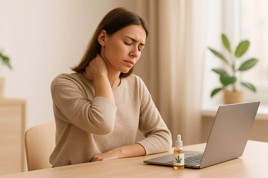 Femme en télétravail se massant la nuque avec une huile de CBD sur son bureau