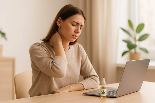 Femme en télétravail se massant la nuque avec une huile de CBD sur son bureau