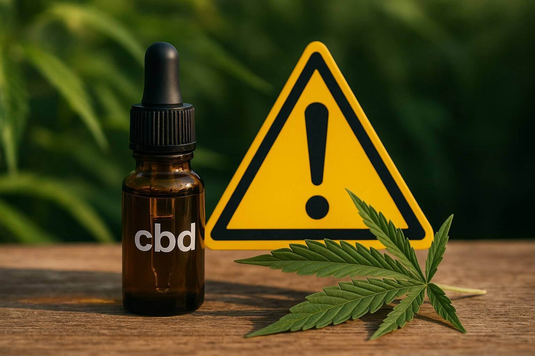 Flacon d’huile de CBD avec feuille de chanvre et panneau d’avertissement sur fond naturel