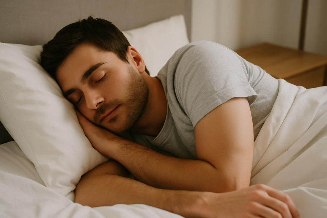 Jeune homme dormant paisiblement dans un lit, illustrant un sommeil naturel et profond sans somnifères.