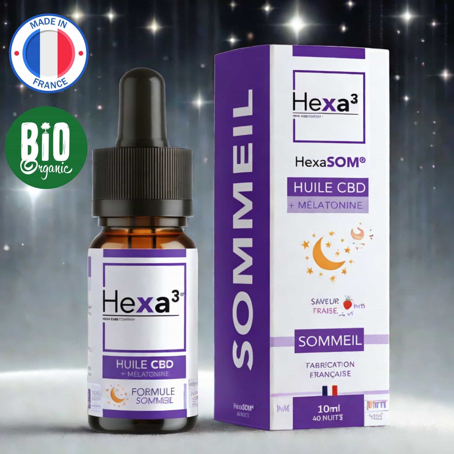 Huile CBD sommeil bio avec mélatonine, flacon de 10ml et packaging, saveur fraise, fabrication française - Formule sommeil pour 40 nuits.