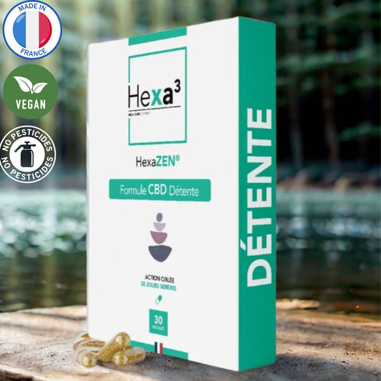 Boîte de gélules CBD Détente HexaZEN, design blanc et vert avec symbole zen. 30 gélules pour 30 jours de sérénité. Made in France, végan et sans pesticides.