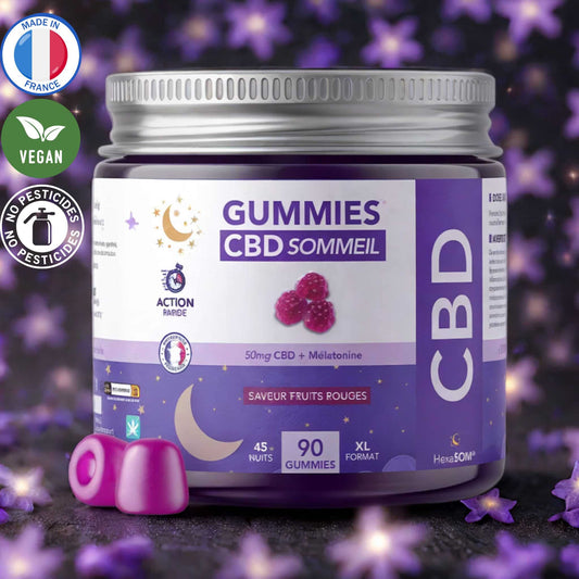 Pot de gummies CBD Sommeil, 90 gummies aux fruits rouges, 50mg CBD + mélatonine. Made in France, vegan, sans pesticides.