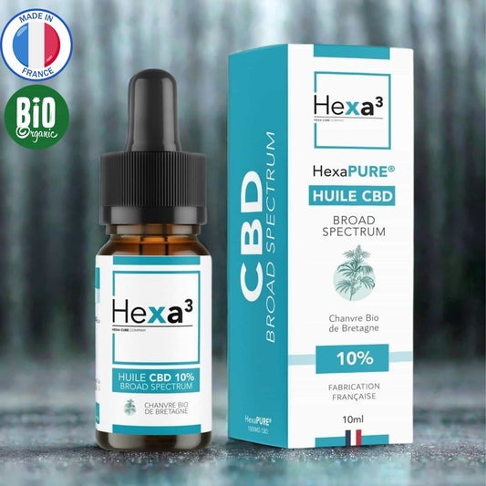 Huile CBD 10% Broad Spectrum : flacon pipette ambré et son packaging blanc et turquoise. Made in France, chanvre bio de Bretagne, 10ml.