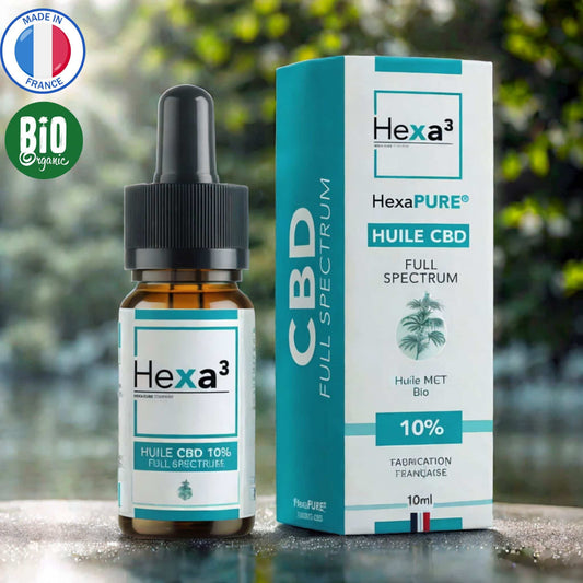 Huile CBD 10% Full Spectrum : flacon pipette ambré et son packaging blanc et turquoise. Made in France, huile MCT bio, avec THC < 0,3%, 10ml.