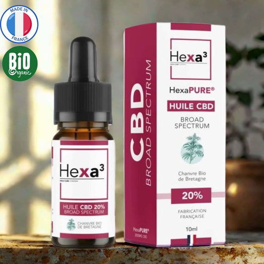 Huile CBD 20% Broad Spectrum : flacon pipette ambré et son packaging blanc et bordeaux. Made in France, chanvre bio de Bretagne, 10ml.