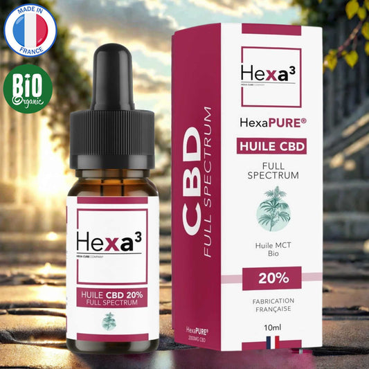 Huile CBD 20% Full Spectrum : flacon pipette ambré et son packaging blanc et bordeaux. Made in France, huile MCT bio, avec THC < 0,3%, 10ml.