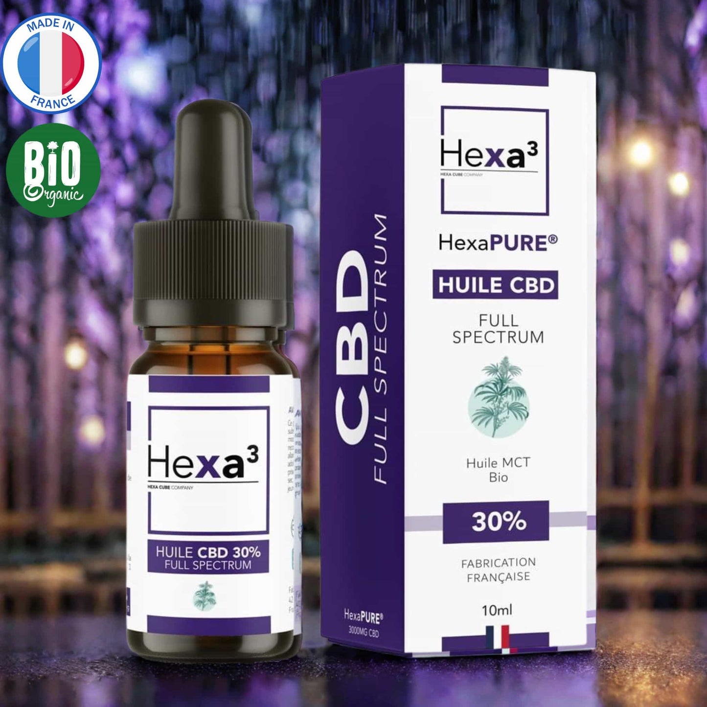 Huile CBD 30% Full Spectrum : flacon pipette ambré et son packaging blanc et violet. Made in France, huile MCT bio, avec THC < 0,3%, 10ml.