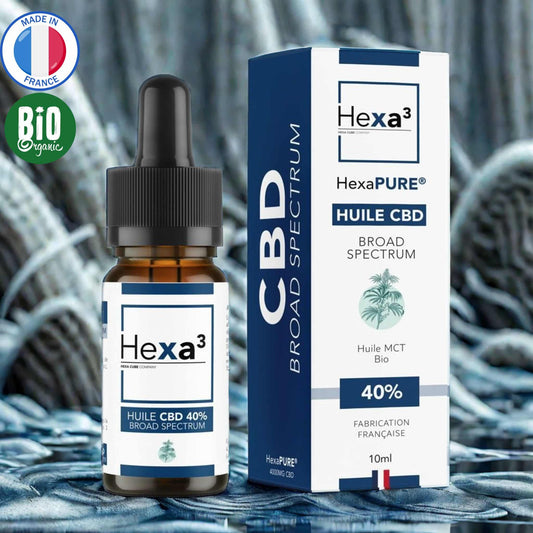 Huile CBD 40% Broad Spectrum : flacon pipette ambré et son packaging blanc et bleu marine. Made in France, huile MCT bio, 10ml.