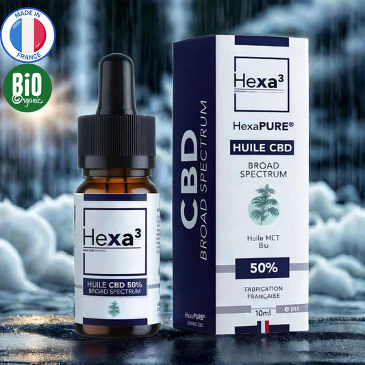 Huile CBD 50% Broad Spectrum : flacon pipette ambré et son packaging blanc et bleu foncé. Made in France, huile MCT bio, la plus concentrée du marché, 10ml.