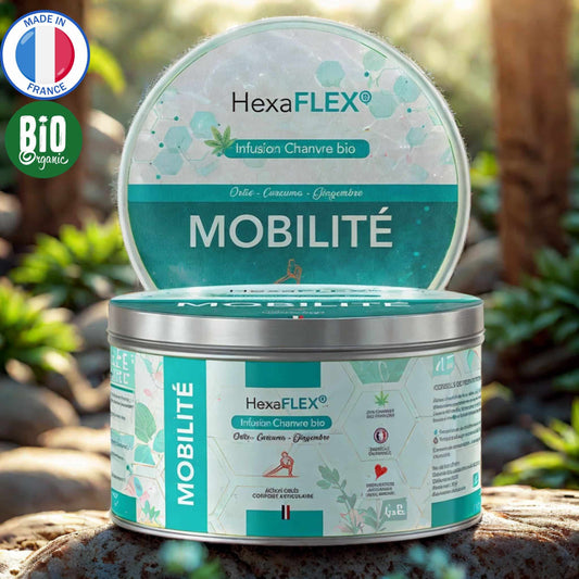 Pot d'infusion CBD Mobilité, design turquoise avec motifs hexagonaux. Contient chanvre bio, ortie, curcuma et gingembre. Made in France et certifié Bio. Boîte en métal avec couvercle, photographiée en extérieur sur du bois.