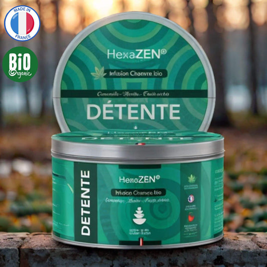 Pot d'infusion CBD Détente HexaZEN, design vert avec motifs circulaires. Contient chanvre bio, camomille, menthe et fruits séchés. Made in France et certifié Bio. Boîte en métal avec couvercle, photographiée en extérieur.