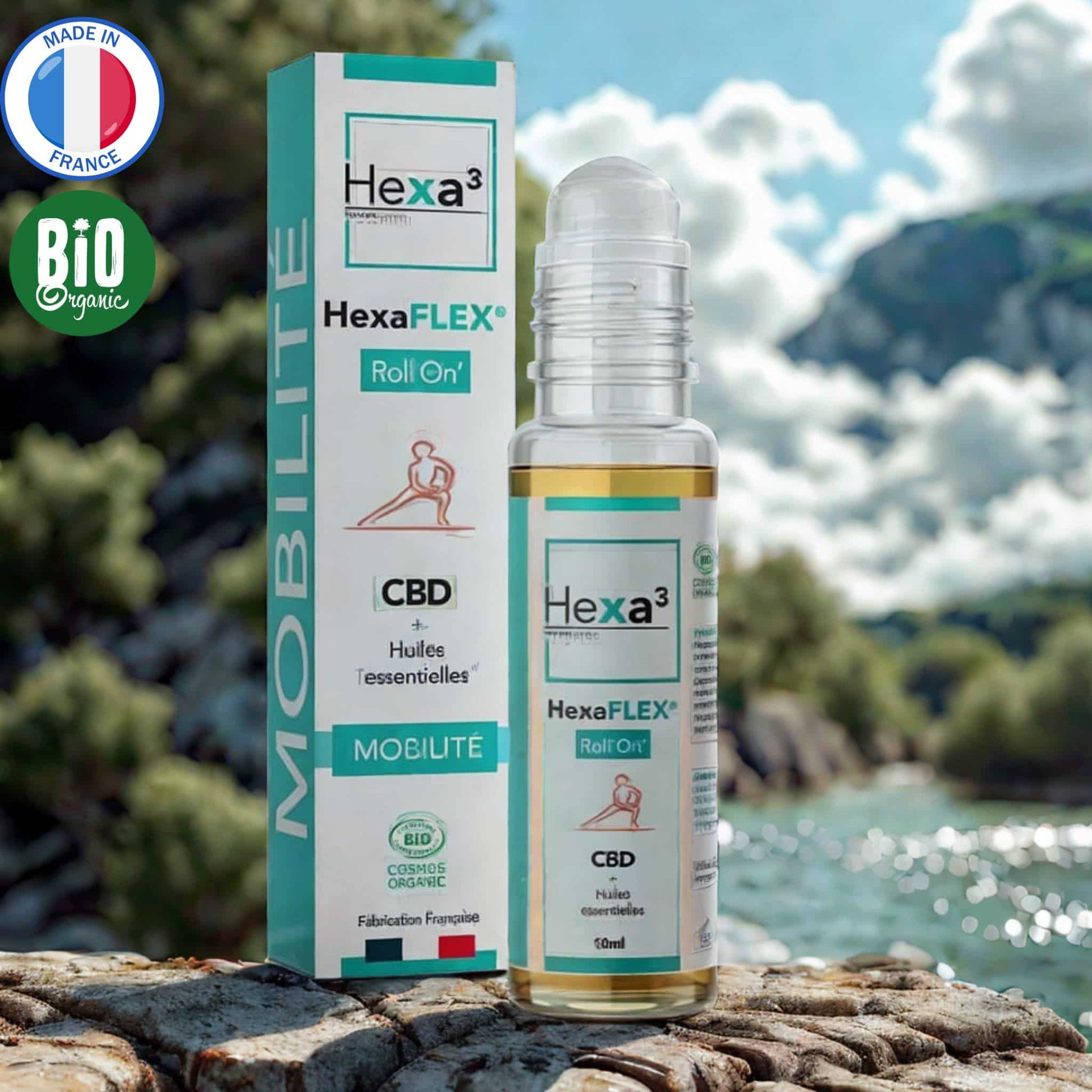 Roll-on CBD Bio Mobilité, contient huiles essentielles bio de gaulthérie, menthe et lavande. Flacon roll-on 10ml dans son packaging turquoise. Made in France et certifié Cosmos.